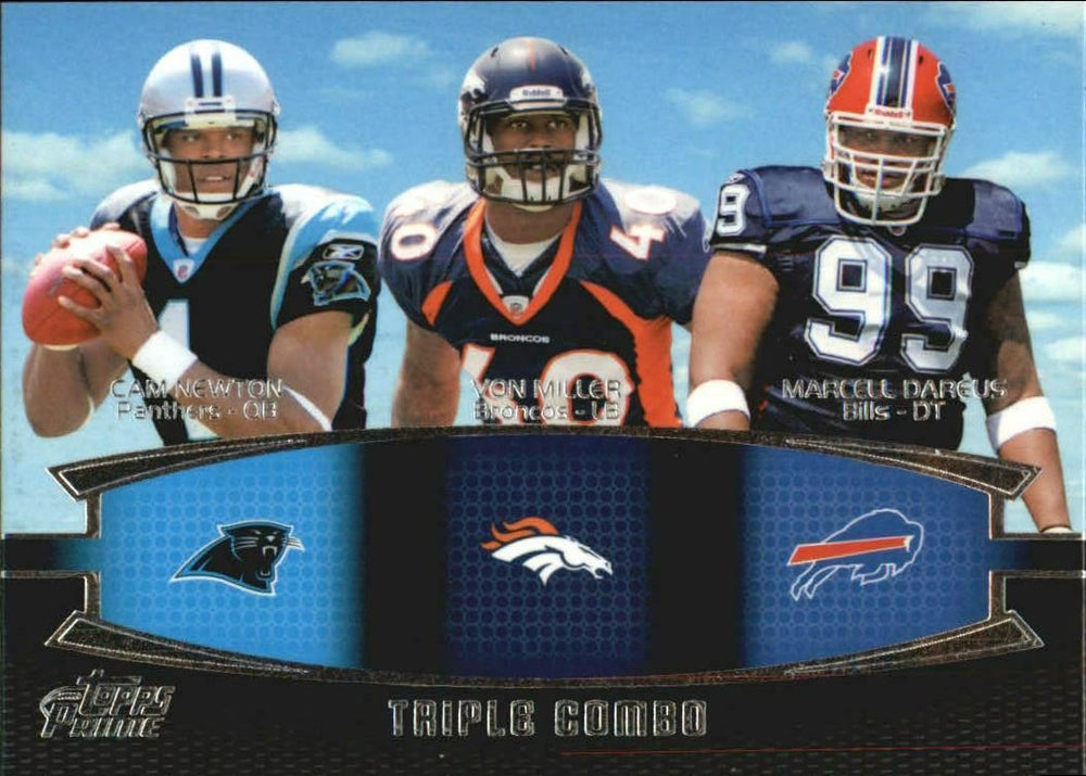 Cam Newton 2011 Topps Prime Triple Combo Series Mint Rookie Card #TC-NMD with Von Miller and Marcell Dareus