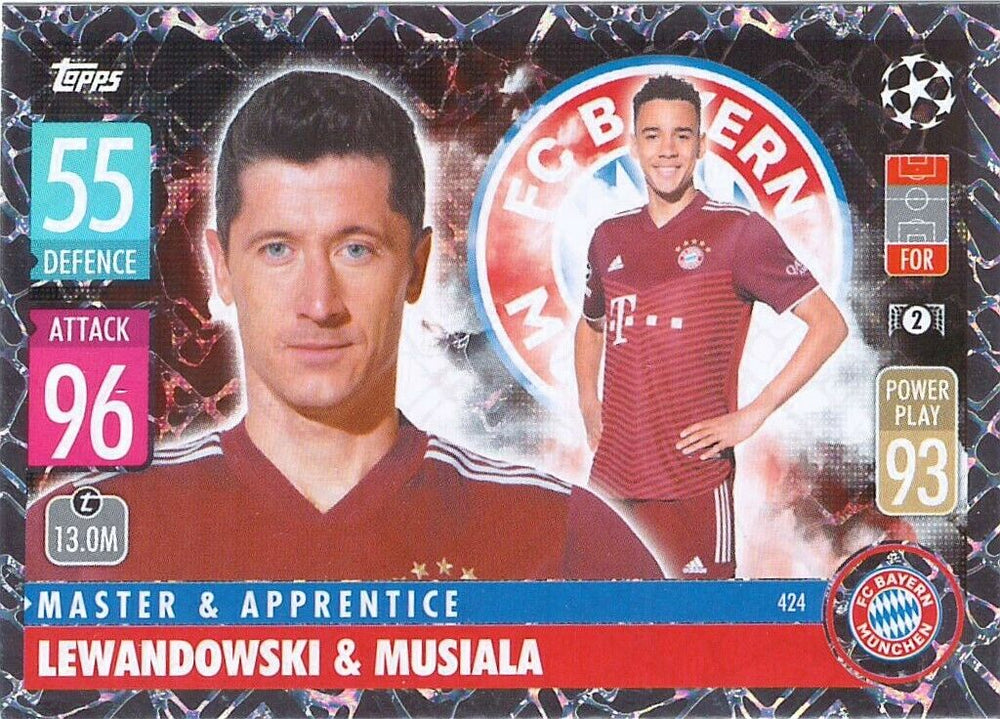 Lewandowski / Musiala  2021 2022 Topps Match Attax Master & Apprentice Series Mint Card #424