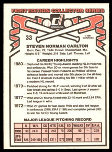 Steve Carlton 1981 Donruss Series Mint Card #33