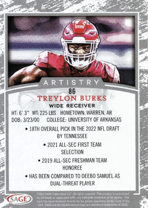 Treylon Burks 2022 Sage Artistry Silver Series Mint Rookie Card #86