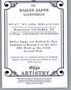 Bailey Zappe 2022 Sage Artistry Silver Series Mint Rookie Card #100