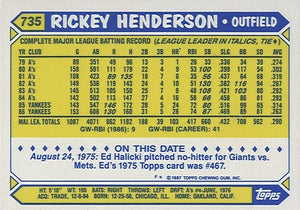 Rickey Henderson 1987 Topps Tiffany Series Mint Glossy Card #735