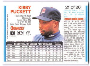 Kirby Puckett 1992 Donruss McDonald's Canada MVP Series Mint Card #21