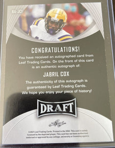 Jabril Cox 2021 Leaf Draft XRC Rookie AUTOGRAPH Series Mint Card #BA-JC1