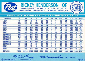 Rickey Henderson 1991 Classic Blue Series Mint Card #T72