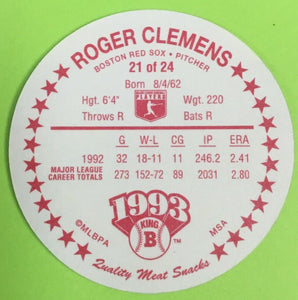 Roger Clemens 1993 King-B Collector's Edition Disc Series Mint Card #21