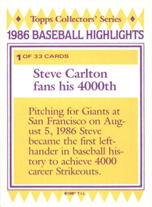 Steve Carlton 1987 Topps Baseball Highlights Series Mint Card #1