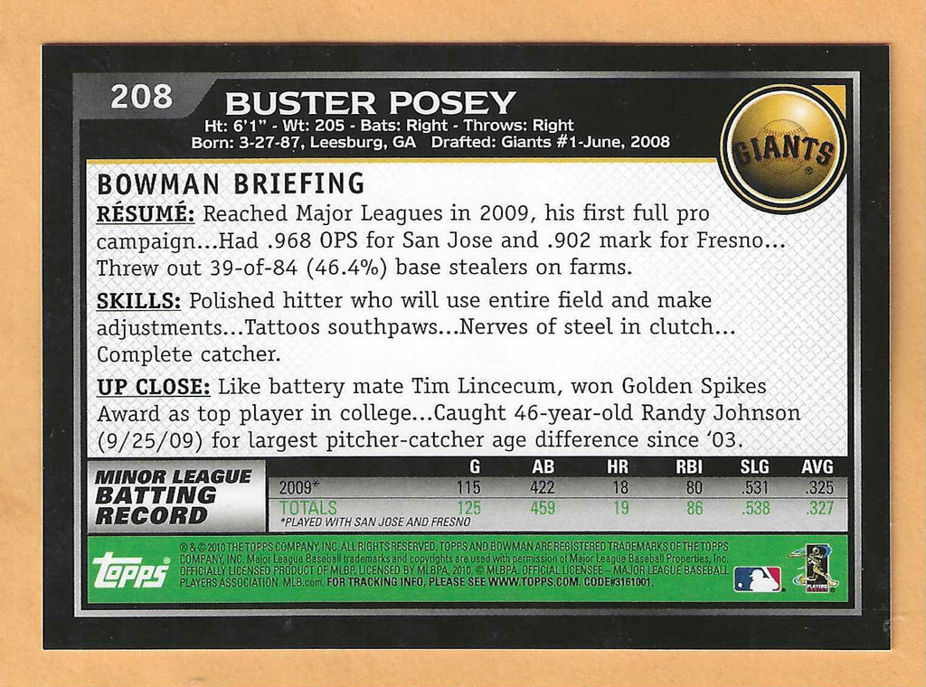 Buster Posey 2010 Bowman Series Mint ROOKIE Card #208