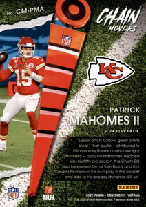 Patrick Mahomes II 2021 Panini Contenders Chain Movers Series Mint Insert Card #CM-PMA