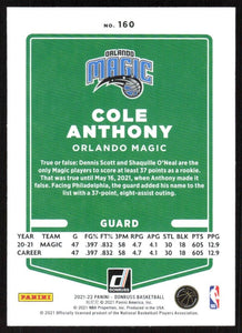 Cole Anthony 2021 2022 Panini Donruss Green and Yellow Laser Series Mint Card #160