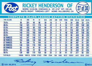 Rickey Henderson 1991 Post Collector's Series Series Mint Card #27