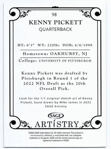 Kenny Pickett 2022 SAGE Artistry Portrait Series Mint Rookie Card #98