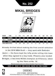 Mikal Bridges 2018 2019 Hoops Series Mint ROOKIE Card #252