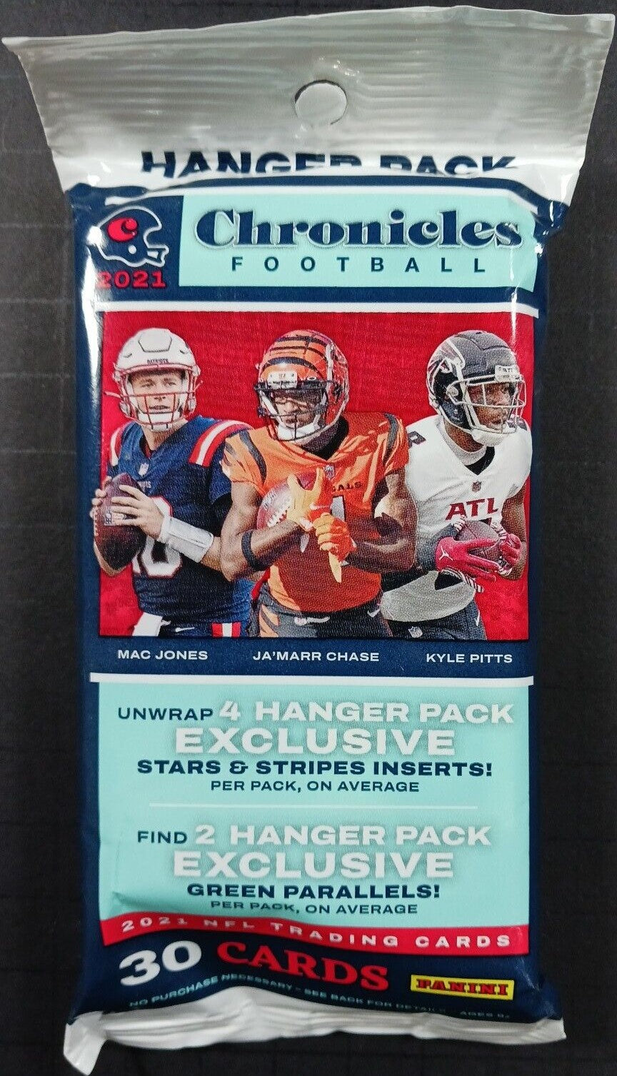 2021 Panini Chronicles NFL Football 30 Card HANGER Pack with EXCLUSIVE GREEN Parallels and Stars Stripes Inserts