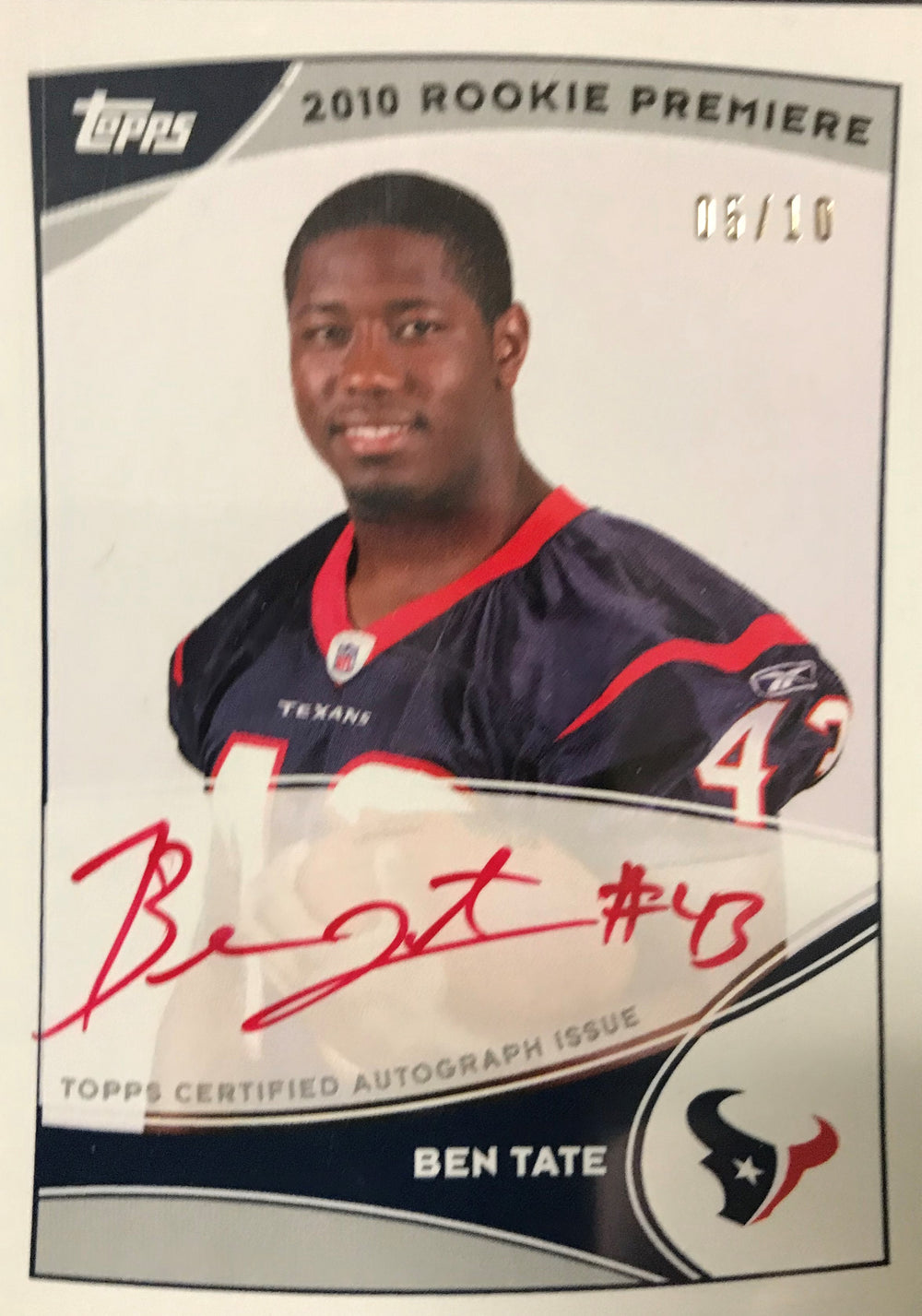 Ben Tate 2010 Topps NFL Rookie Premiere AUTOGRAPHED ROOKIE Card #RPA-BT  SERIAL #5/10 MADE!