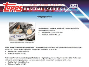 2023 Topps Baseball Series 1 Factory Sealed Blaster Box with an EXCLUSIVE Cut Signature Commemorative Relic