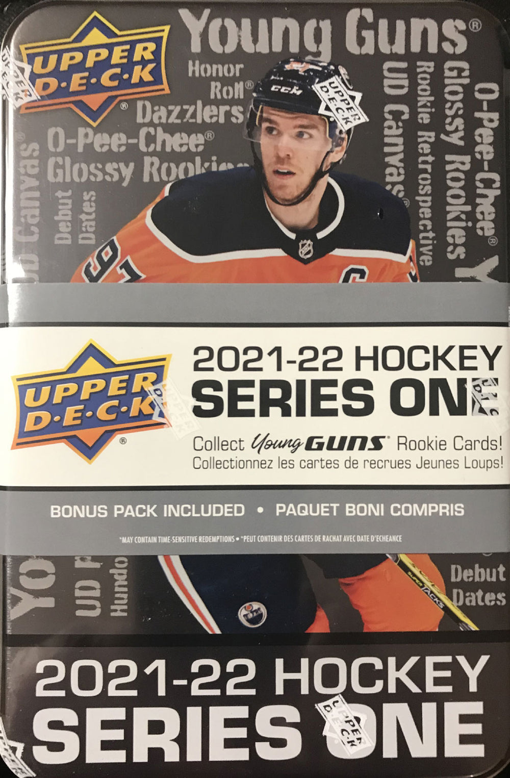 2021 2022 Upper Deck Hockey Series One Factory Sealed Unopened TIN with an Exclusive Bonus 3 Card O Pee Chee Rookie Pack