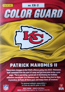 Patrick Mahomes 2022 Panini Zenith Color Guard Series Mint Insert Card #CG-2 Featuring an Authentic White Jersey Swatch