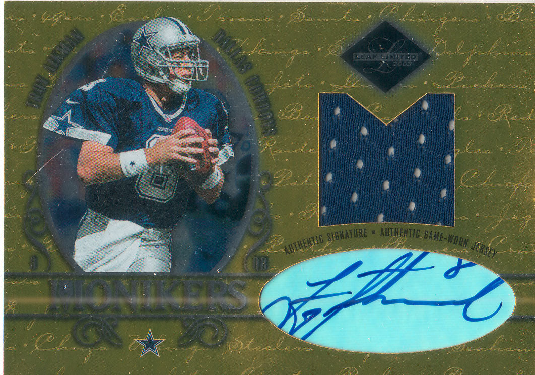 The Strictly Mint Card Co. Inc. Troy Aikman 2003 Leaf Limited Monikers Autographed Game used Jersey #7/15