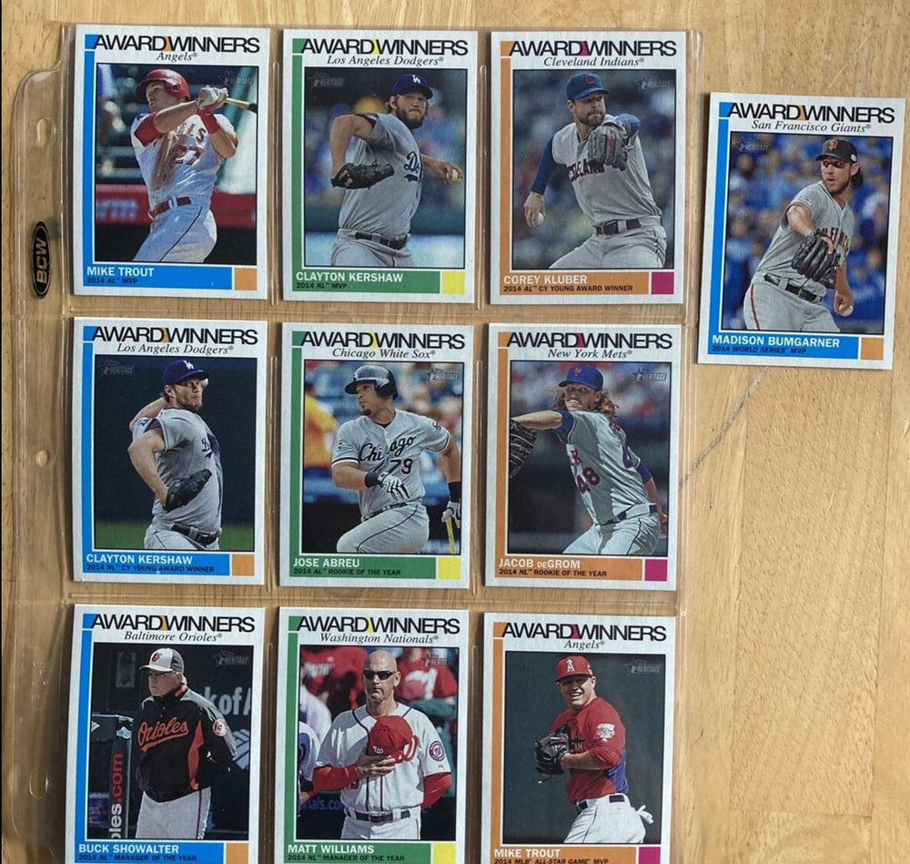 2015 Topps Heritage Award Winners Complete Mint Insert Set including Mike Trout, Clayton Kershaw, Jacob DeGrom Plus