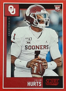 Jalen Hurts 2020 Score Football Series Mint Rookie Card Red Parallel Version #358 Oklahoma Sooners Jersey