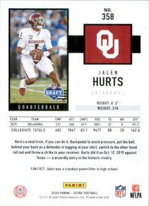 Jalen Hurts 2020 Score Football Series Mint Rookie Card #358 Oklahoma Sooners Jersey