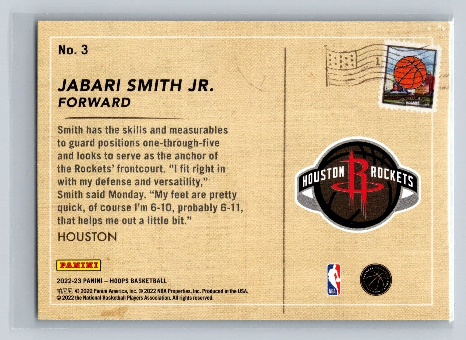Jabari Smith Jr. 2022 2023 Panini Hoops Rookie Greetings Series Mint Rookie  Card #3